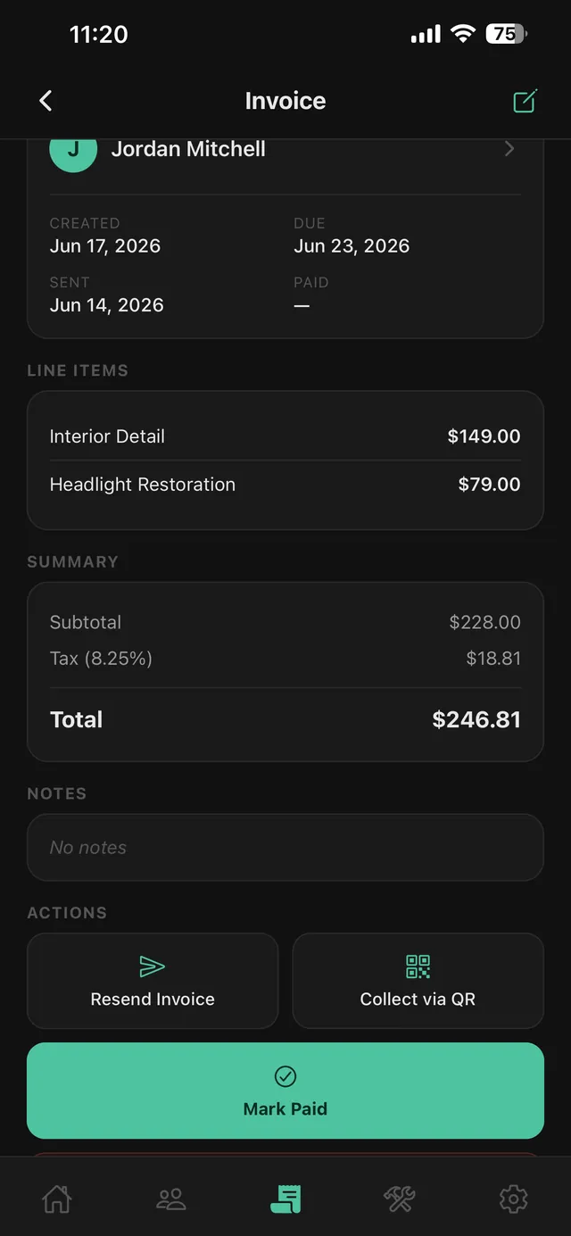Invoice screen listing two line items, a subtotal, tax and total, with actions to resend the invoice, collect via QR, or mark it paid.