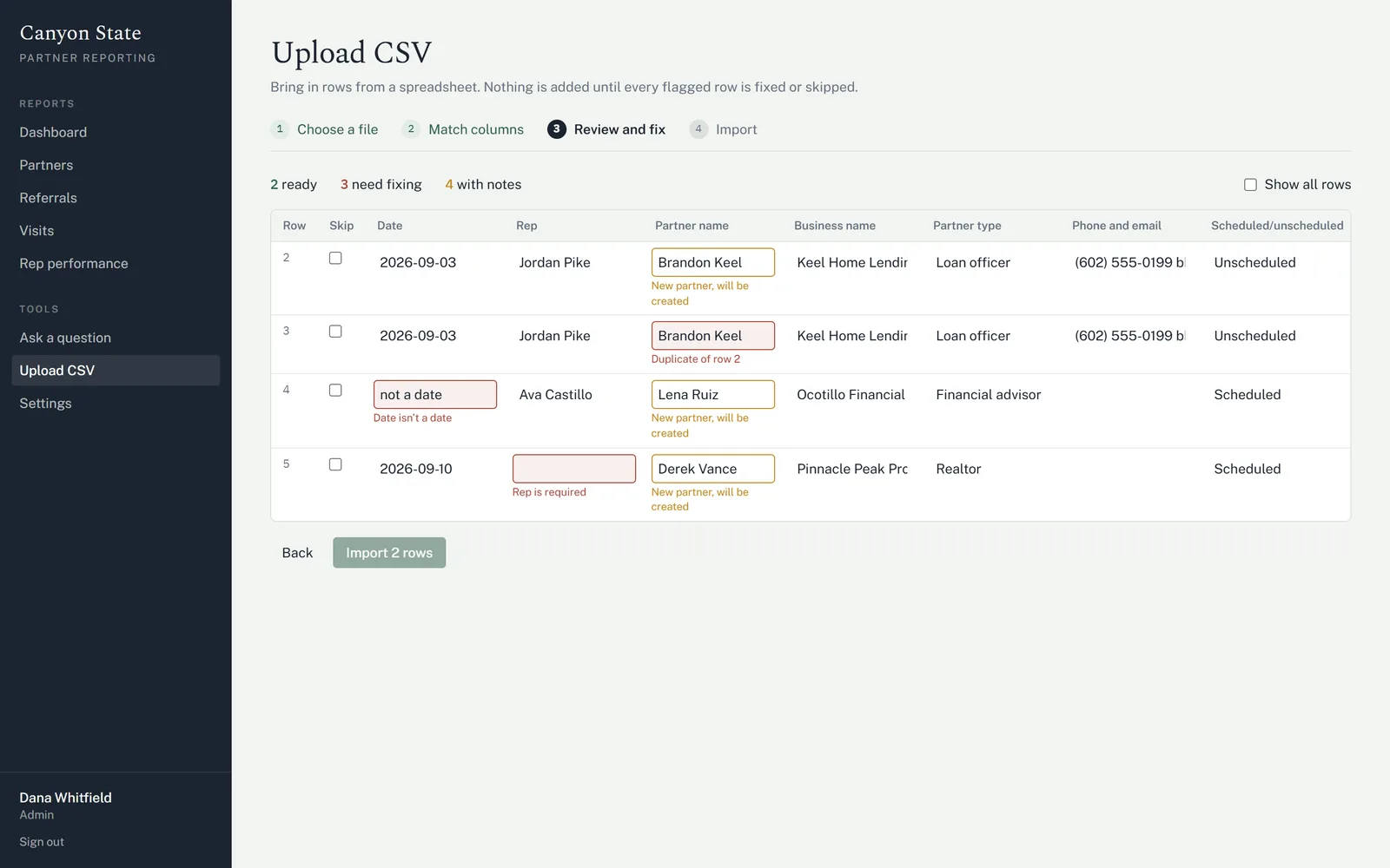 CSV upload, step three of four: a review table flagging a duplicate row, a value that isn’t a date, a missing rep and new partners that will be created, with an Import 2 rows button.